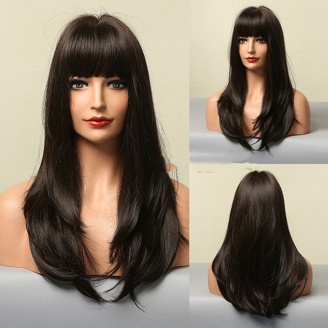 Brown Grey Long Straight Wig