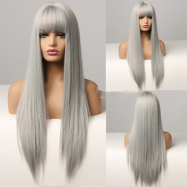 Brown Grey Long Straight Wig