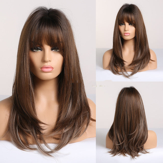 Brown Grey Long Straight Wig
