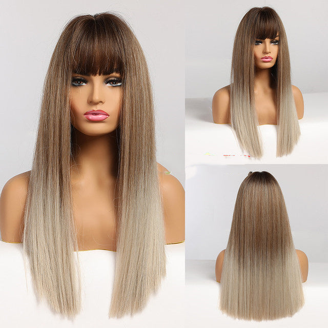 Brown Grey Long Straight Wig