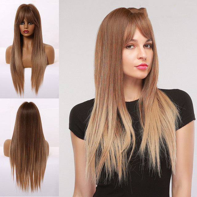 Brown Grey Long Straight Wig