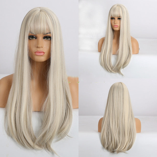 Brown Grey Long Straight Wig