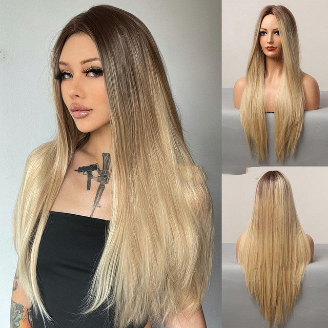 Brown Grey Long Straight Wig