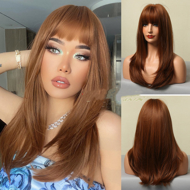 Brown Grey Long Straight Wig