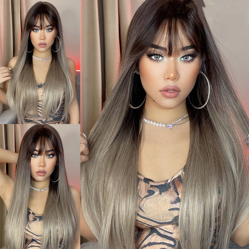 Brown Grey Long Straight Wig