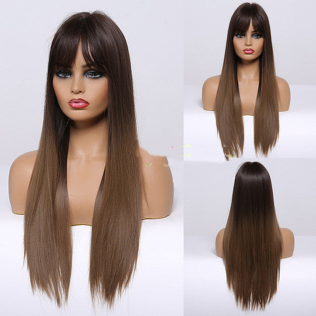 Brown Grey Long Straight Wig