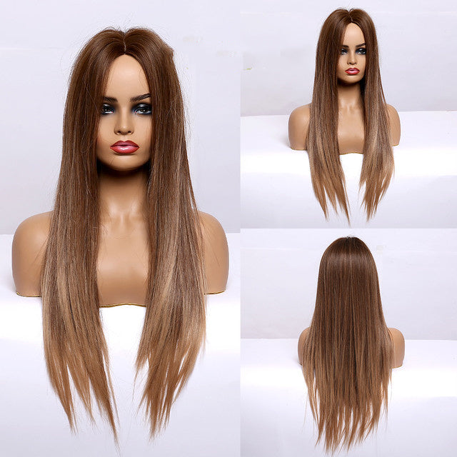 Brown Grey Long Straight Wig