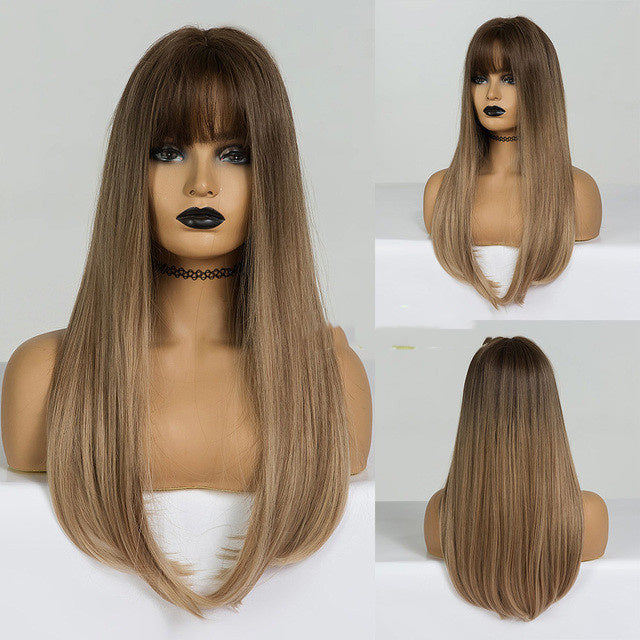 Brown Grey Long Straight Wig
