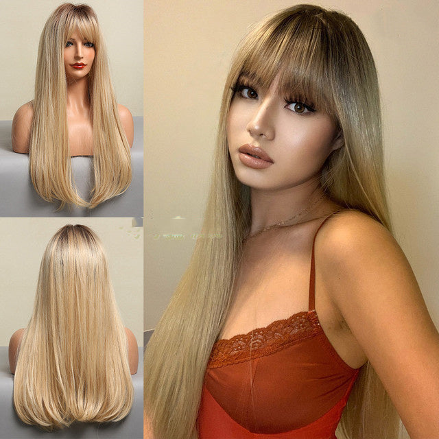 Brown Grey Long Straight Wig