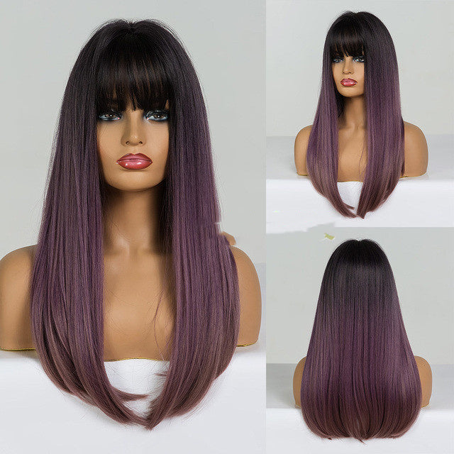 Brown Grey Long Straight Wig